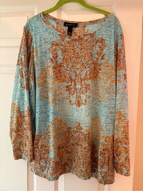 INC International Concepts Aqua and Rust Ornate-Print Long-Sleeve Top